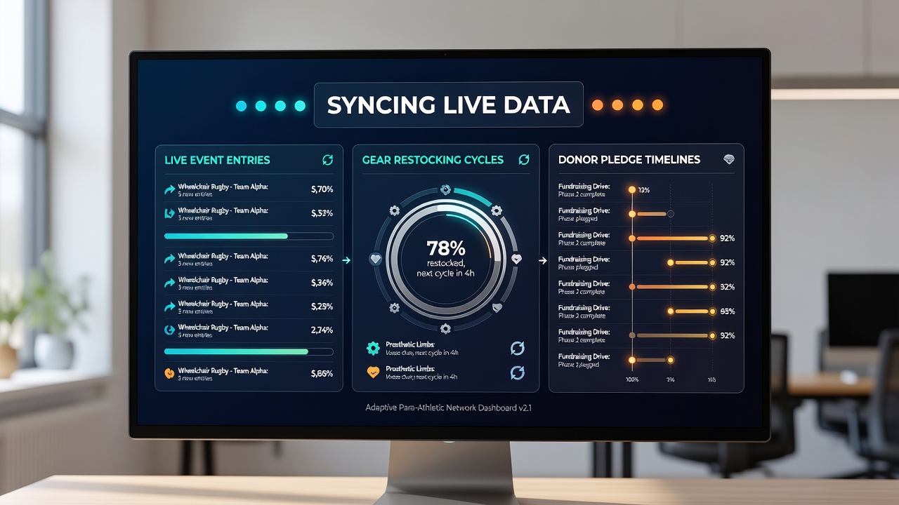 Adaptive dashboard interface displaying real-time synchronization of event entries, inventory levels, and pledge schedules for para-athletic organizations
