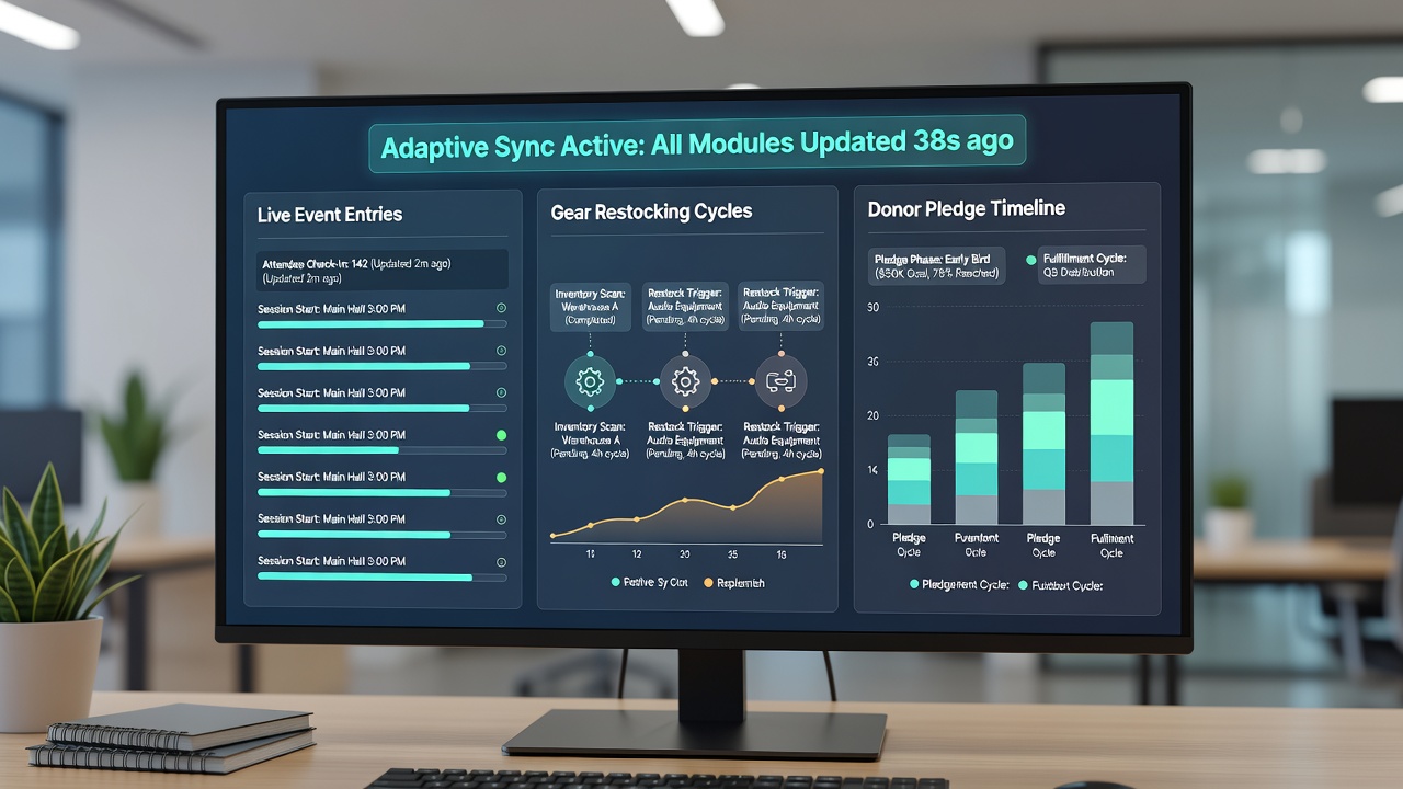 Dashboard view illustrating aligned donor pledges with scheduled gear restocking and event timelines