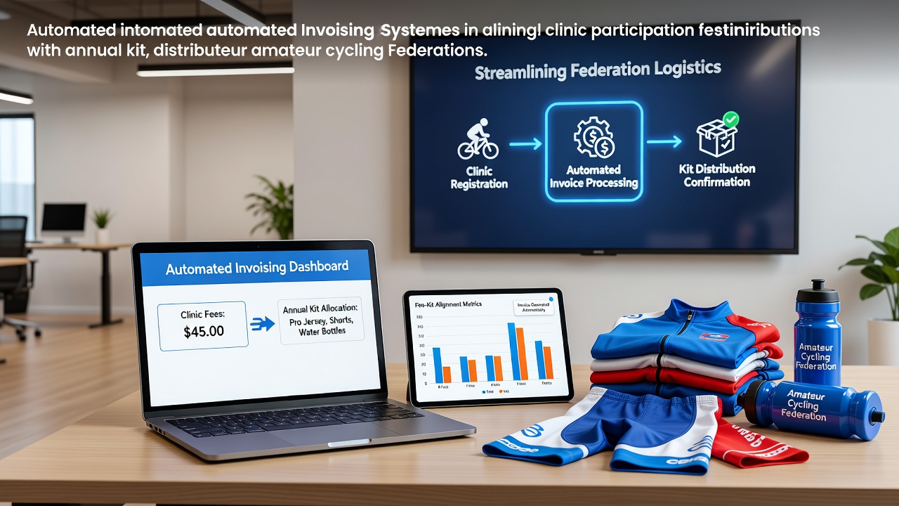 Automated invoicing dashboard showing clinic fees synced with kit distribution schedules for cycling federations