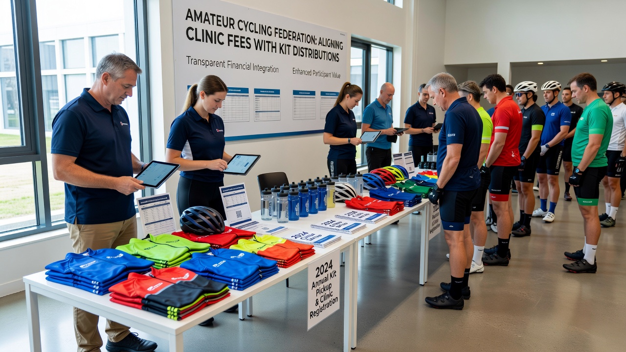 Cycling federation staff reviewing synchronized invoice reports for clinic fees and annual kit allocations