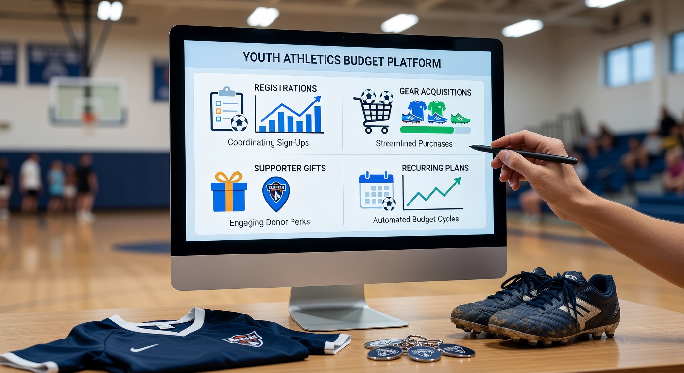 Youth athletes and coaches reviewing digital registration and budget tools on tablets during a team meeting