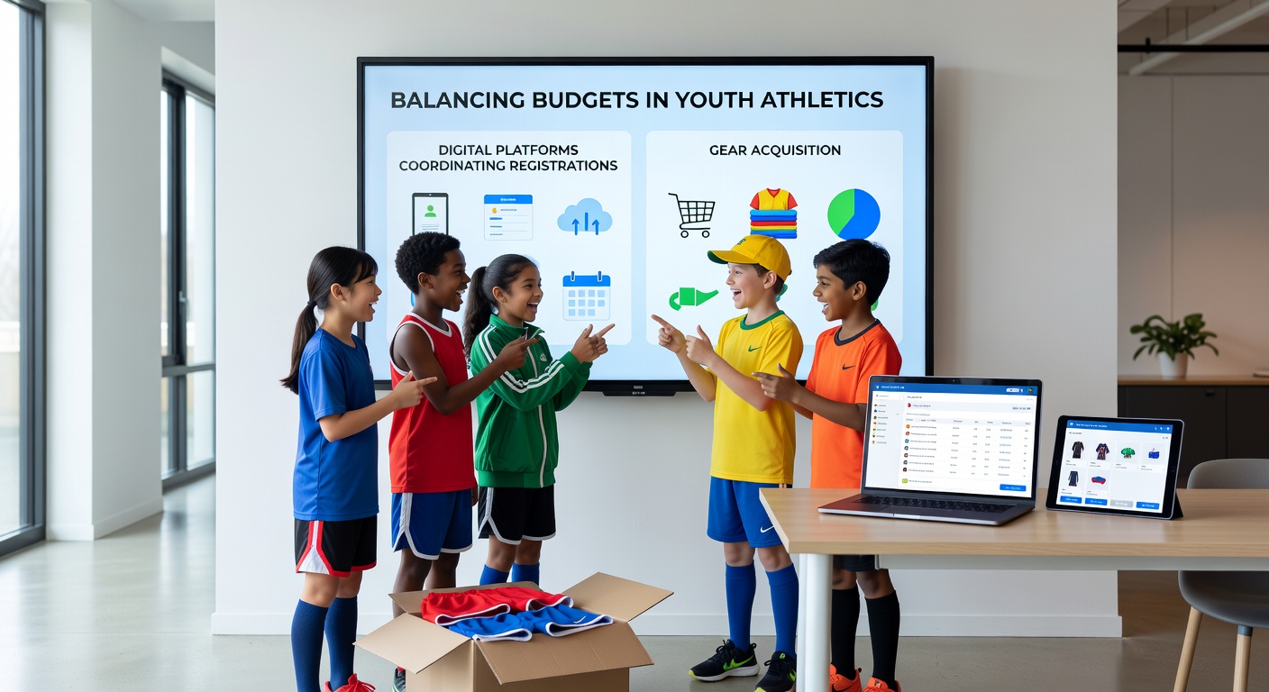 Team parents selecting custom athletic gear through a coordinated digital ordering system on laptops and phones