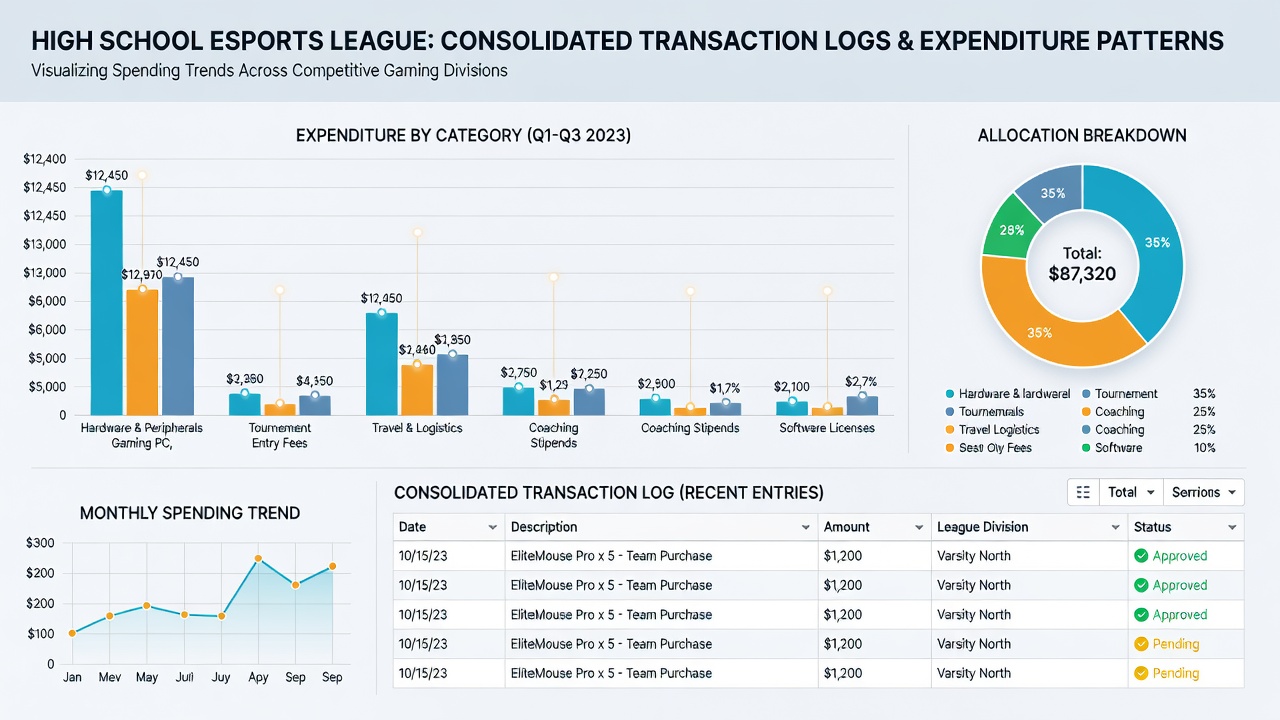 Dashboard view of consolidated esports league transaction logs showing categorized spending trends over multiple months