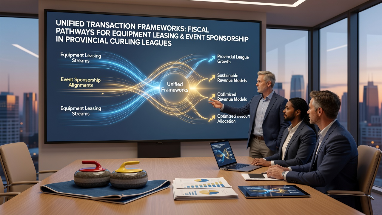 Provincial curling league officials reviewing equipment leasing agreements and sponsorship contracts on a digital transaction platform