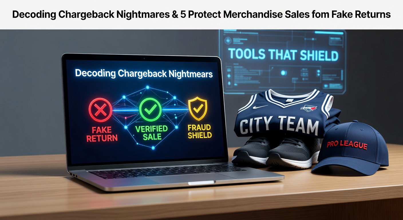 Sports merchandise storefront showing jerseys, hats, and apparel racks under bright lights, highlighting high-value items vulnerable to fraud