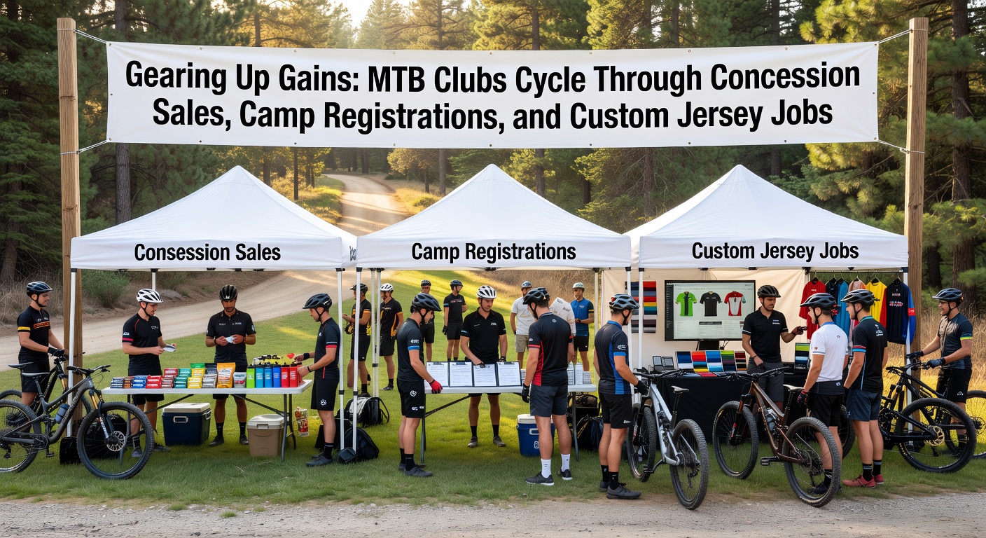 Mountain bikers gathered at a trailhead concession stand during a club event, with snacks and drinks on display amid bikes and riders in gear