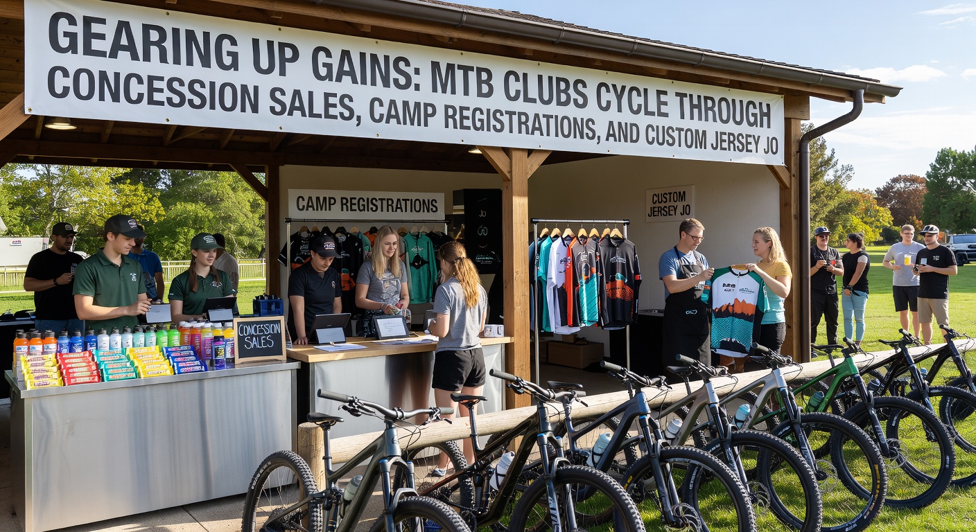 Group of MTB club members in custom jerseys riding technical singletrack, showcasing vibrant designs against forested trails