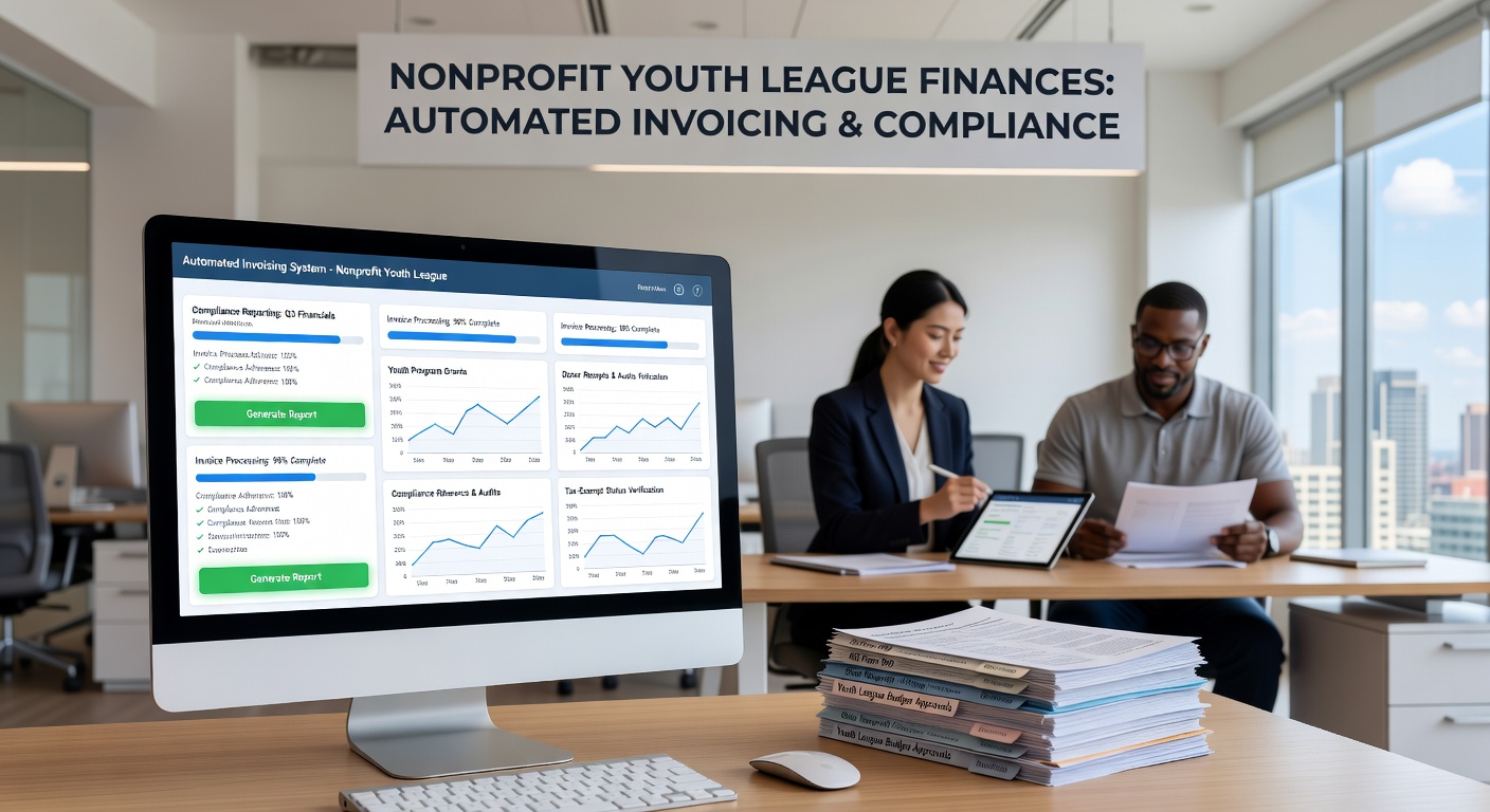 Nonprofit youth league administrators reviewing automated invoicing dashboards for financial compliance
