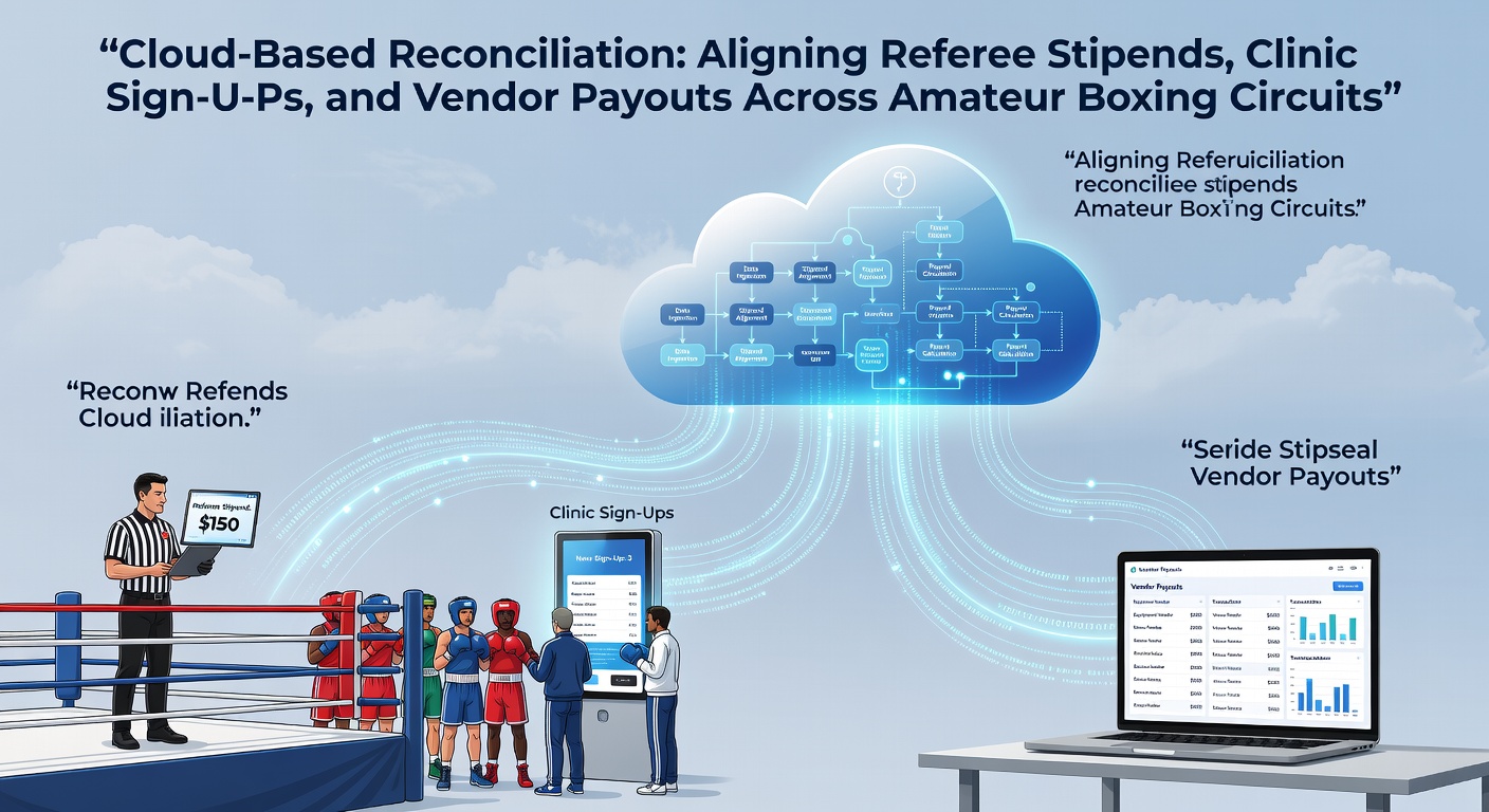 Cloud-based dashboard displaying aligned referee stipends, clinic sign-up fees, and vendor payouts in amateur boxing operations