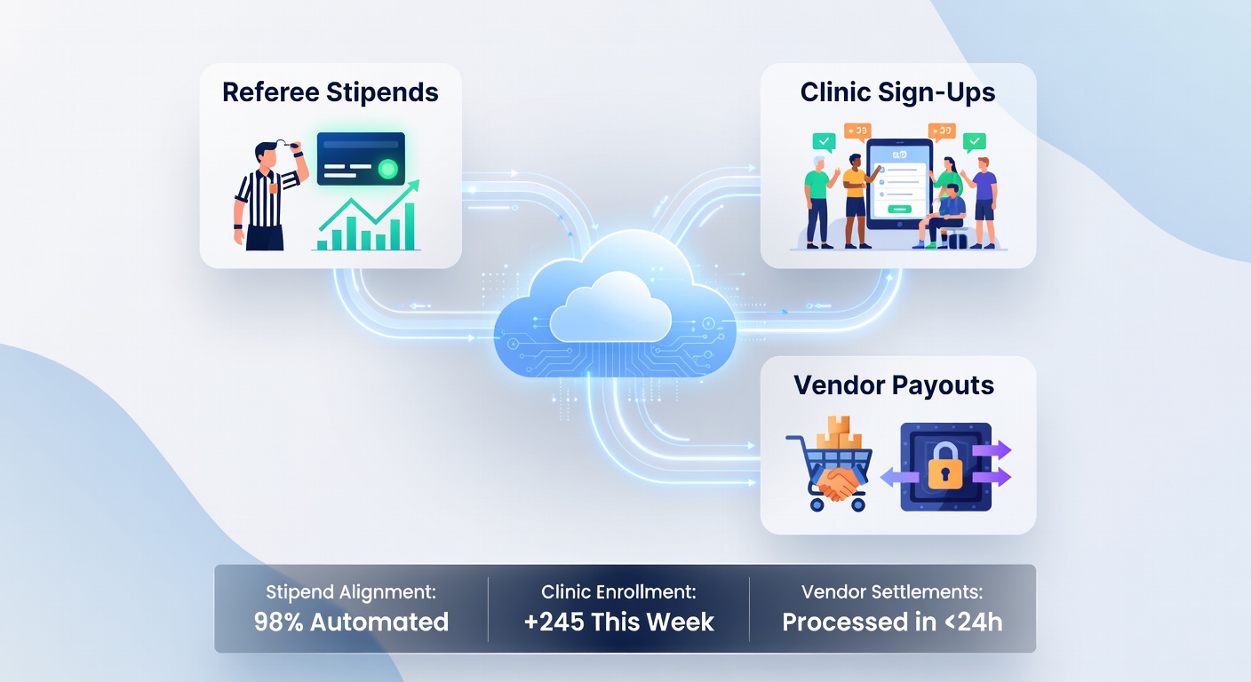 Amateur boxing event staff reviewing vendor payout reports alongside clinic registration summaries on a unified cloud platform