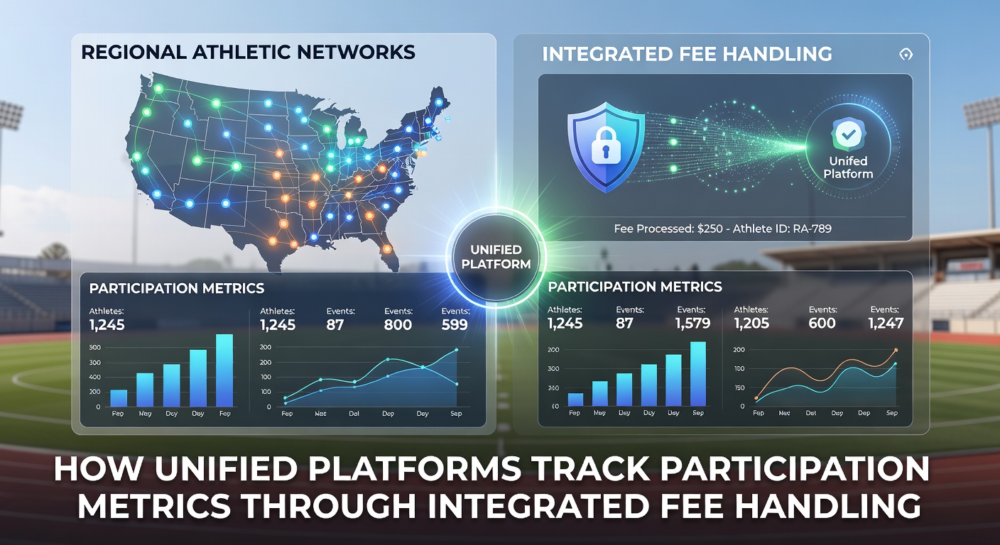 Unified platform dashboard displaying participation metrics alongside fee transactions in a regional athletic network