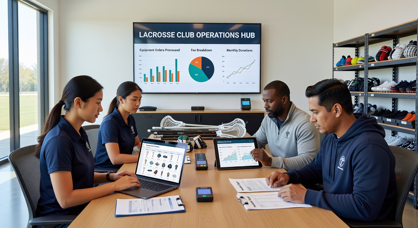 Lacrosse club staff using digital platform to manage equipment orders, player sign-ups, and donation tracking on a single dashboard