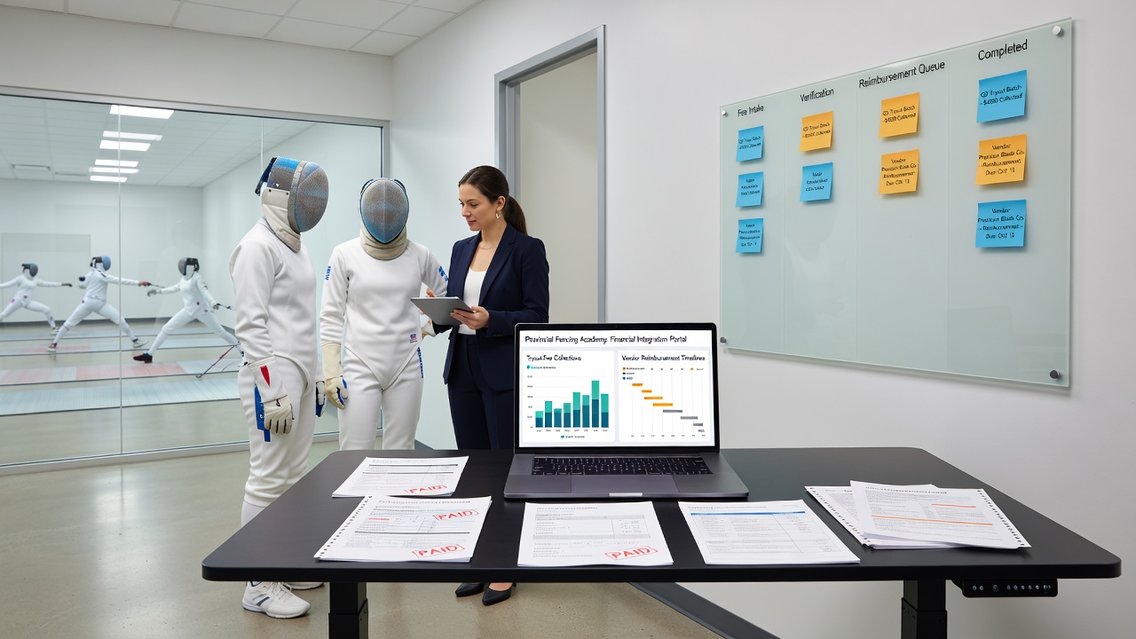 Fencing academy administrators reviewing payment schedules on digital dashboards during tryout season