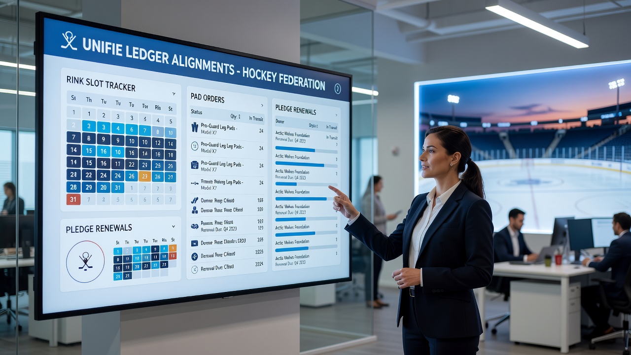 Dashboard view showing synchronized financial ledgers for hockey equipment purchases and recurring pledges