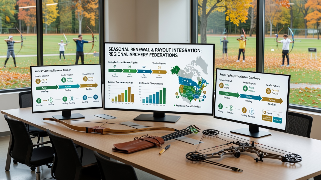 Digital dashboard displaying archery federation renewal metrics linked to upcoming vendor payout dates
