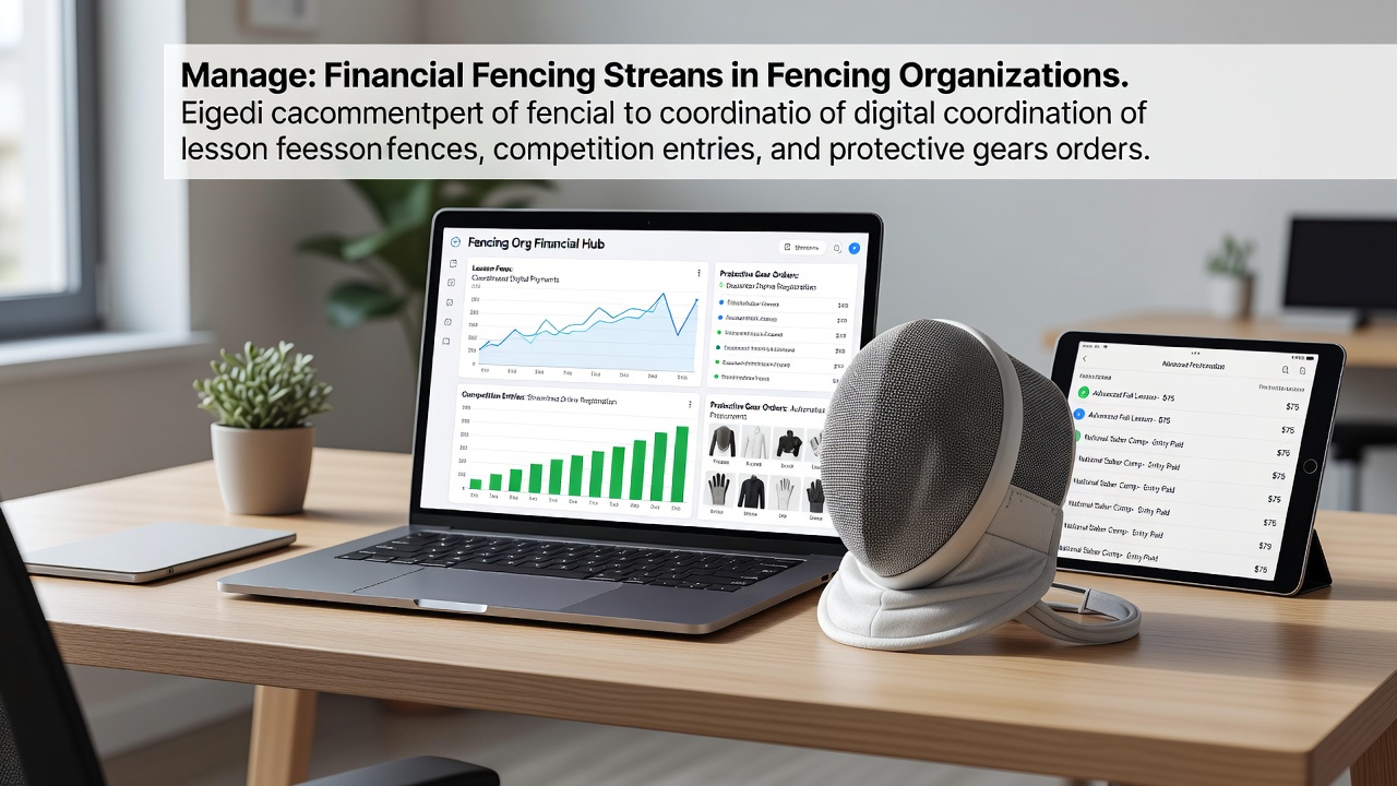 Digital dashboard displaying coordinated fencing lesson fees, competition entries, and protective gear orders in a unified platform interface