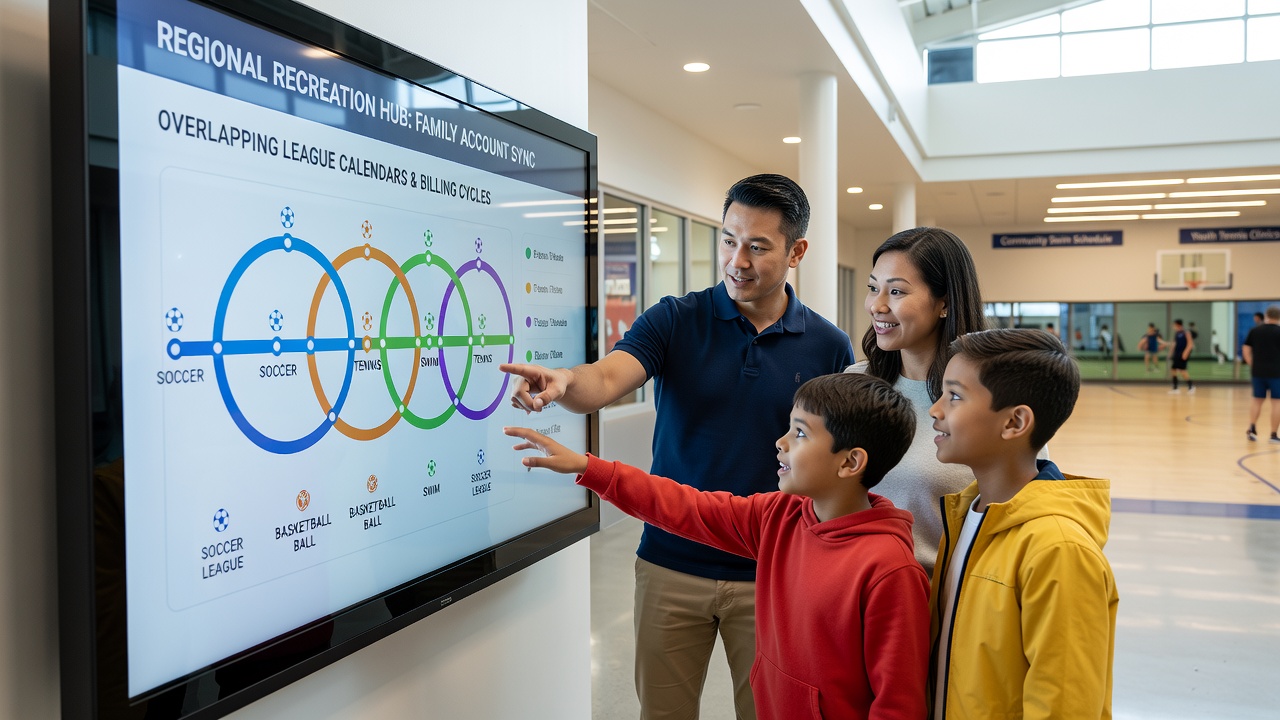Family accounts synchronized across multiple youth sports leagues in a regional recreation center