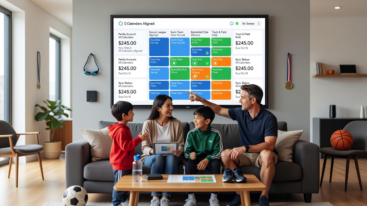 Digital dashboard displaying synced billing cycles for overlapping youth league seasons