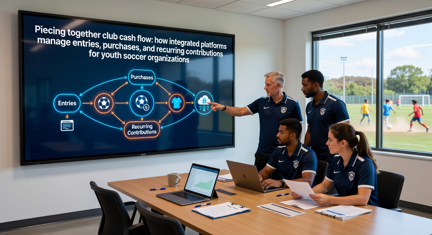 Youth soccer club administrators reviewing integrated payment dashboard showing registration entries, equipment purchases, and recurring dues tracking