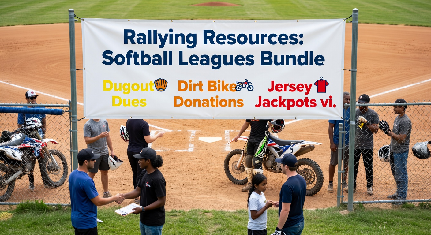 Group of dirt bike riders on a rugged trail, raising funds for a local softball league with donation banners visible