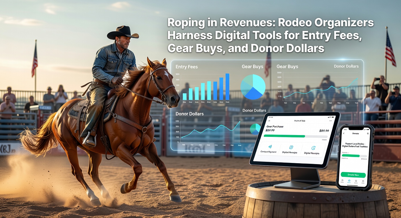 Cowboy roping a calf under arena lights, with digital payment screens in the foreground highlighting modern revenue streams for rodeo events