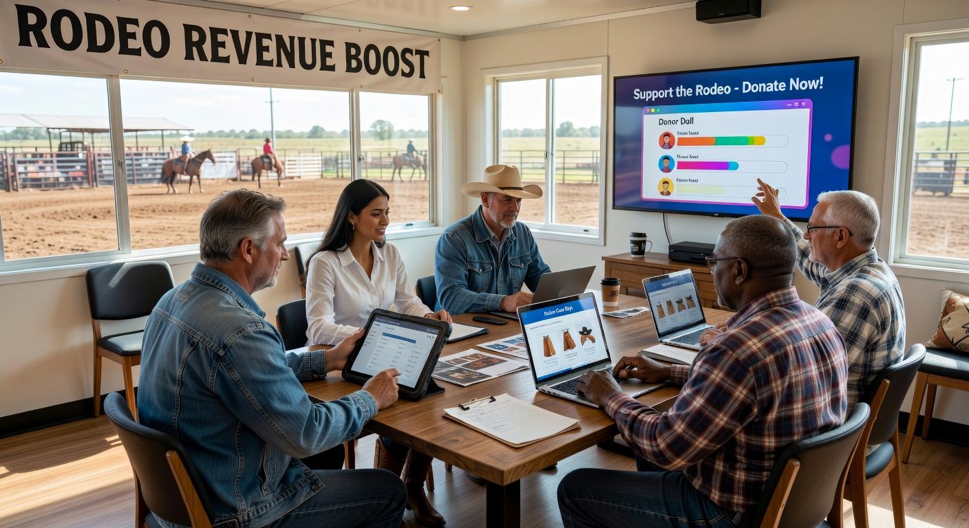 Digital dashboard on a tablet showing rodeo revenue streams: entry fees spiking green, gear sales ticking up, and donor pledges flowing in during a live event