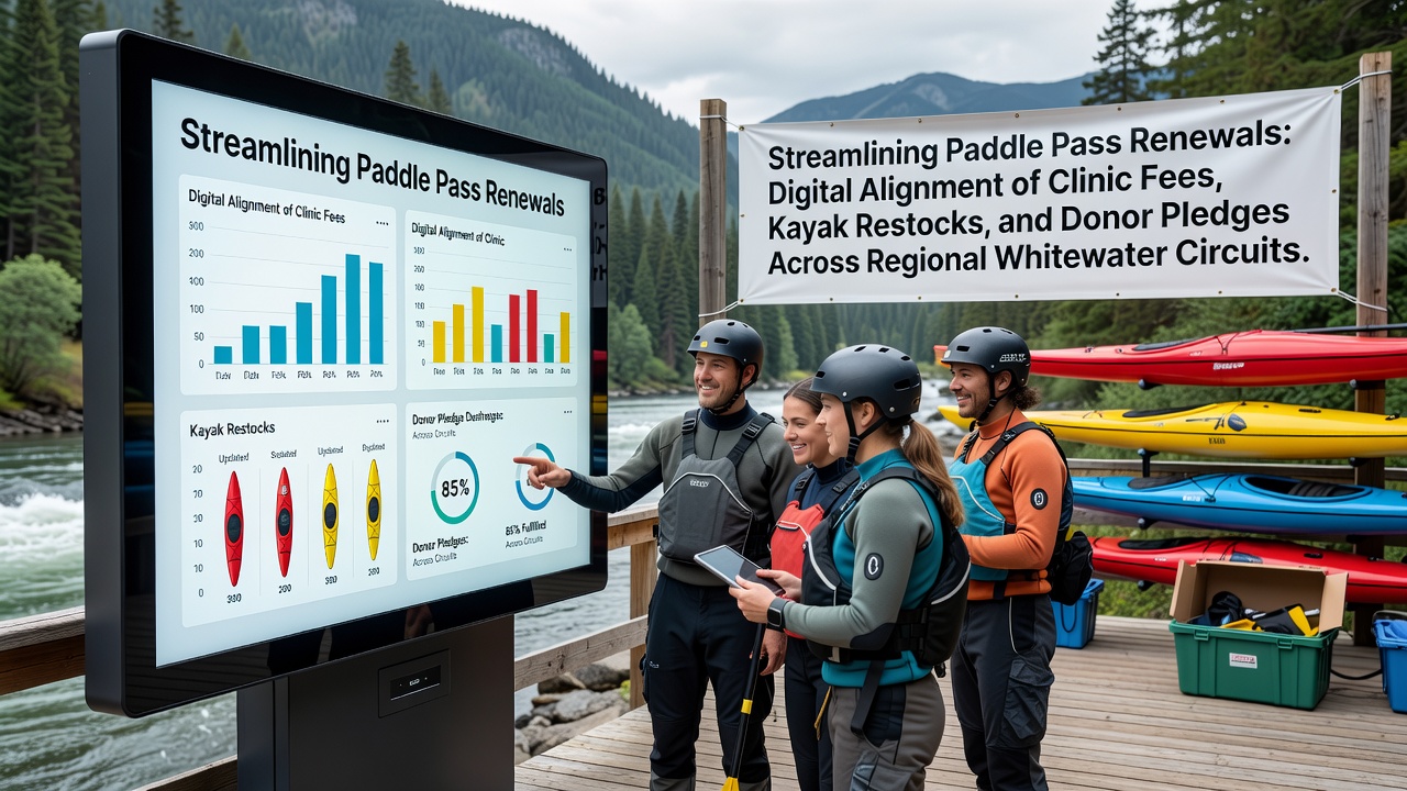 Digital dashboard displaying aligned paddle pass renewals, clinic fees, and kayak inventory management for whitewater circuits