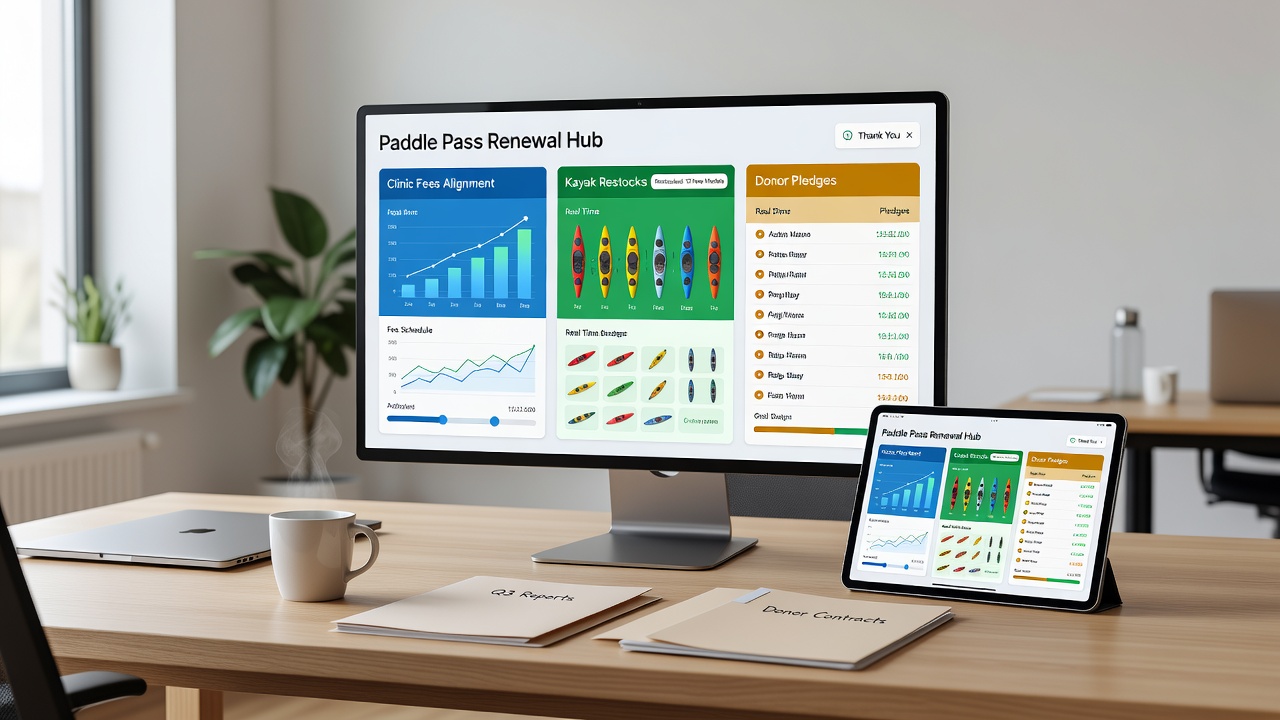 Kayak fleet inventory tracking interface connected to donor pledge allocations and renewal processing