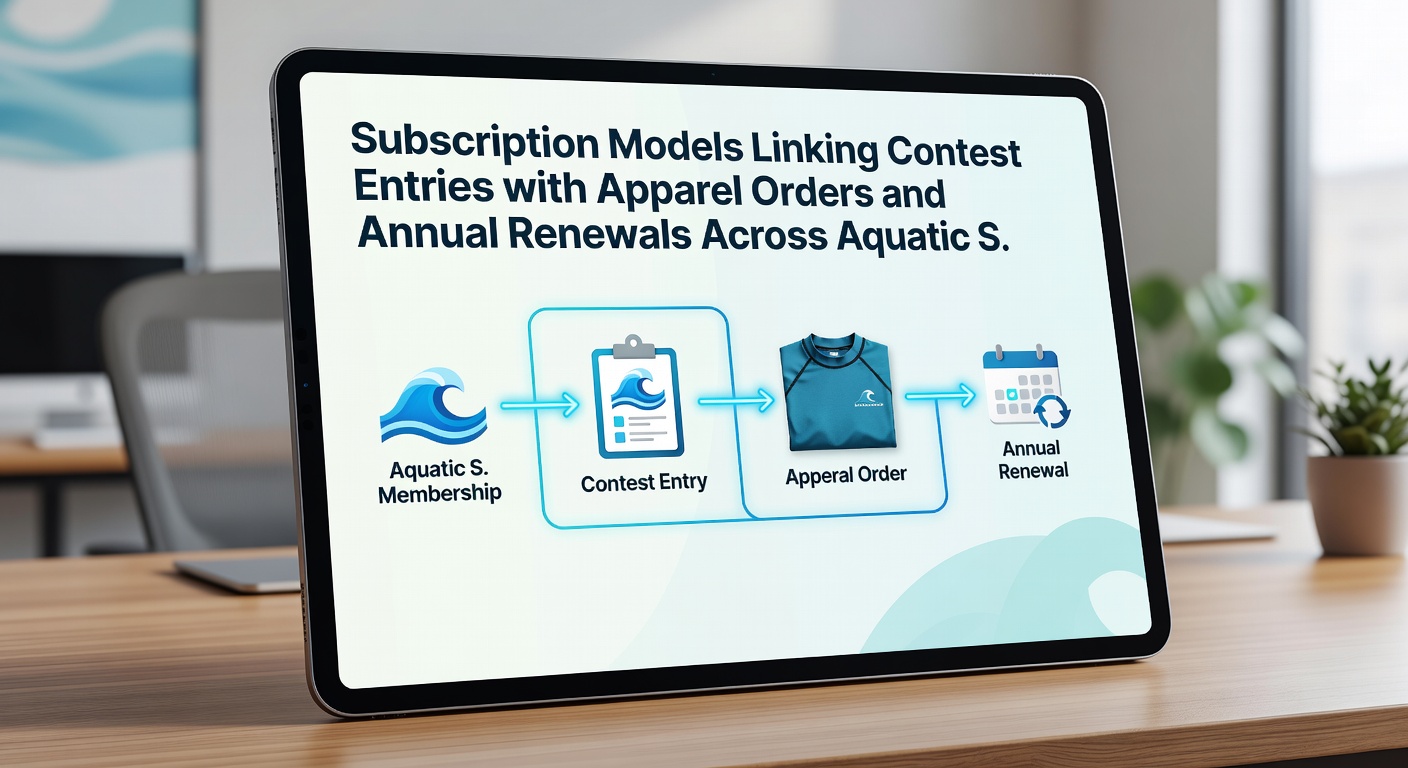 Digital dashboards showing linked subscriptions for aquatic event entries, custom apparel, and membership renewals