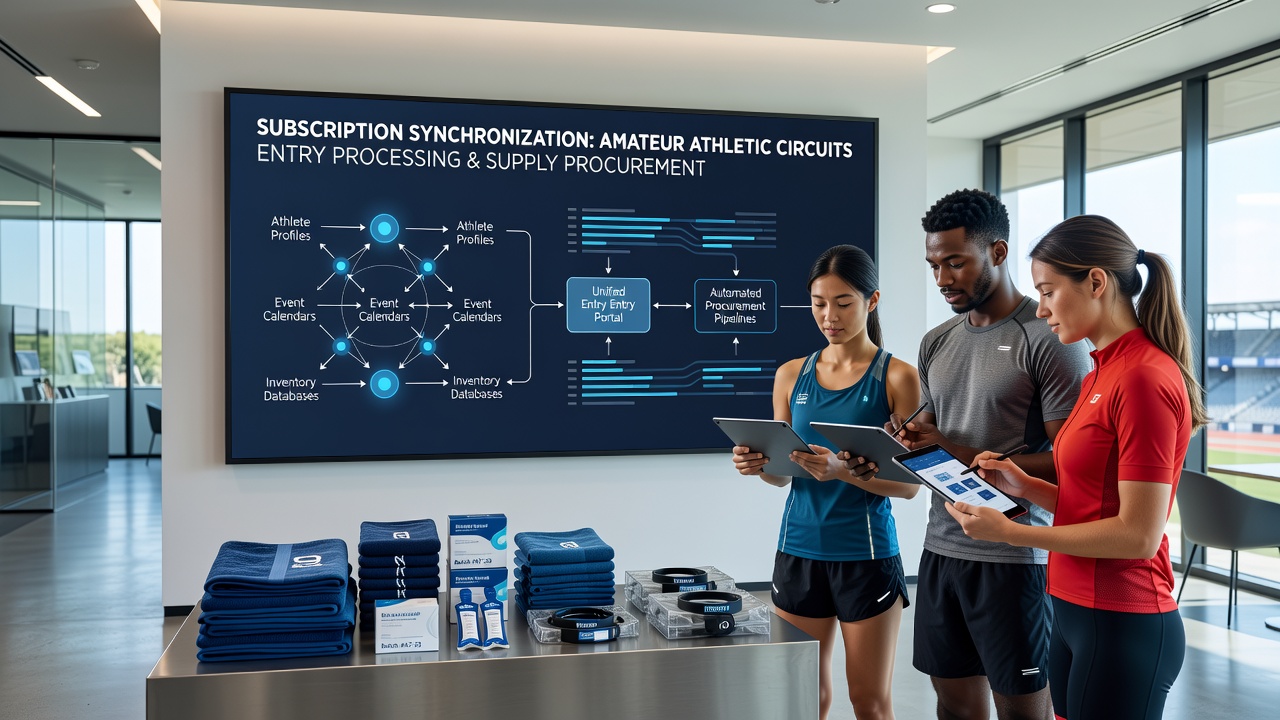 Athletes and organizers reviewing synchronized subscription dashboards for event entries and equipment orders across multiple amateur circuits