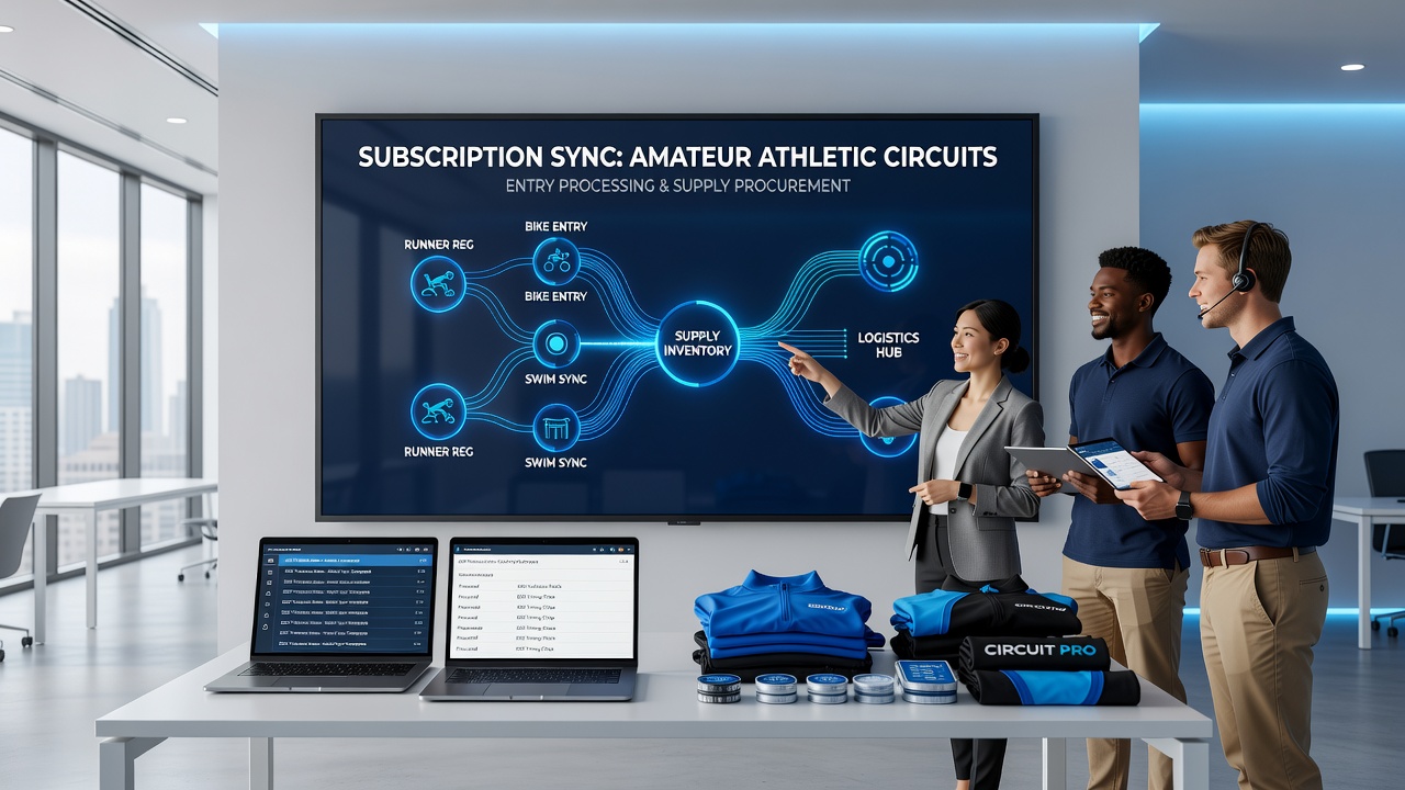 Coordinators at a regional athletic meeting using integrated software to align subscription renewals with entry lists and equipment purchase orders