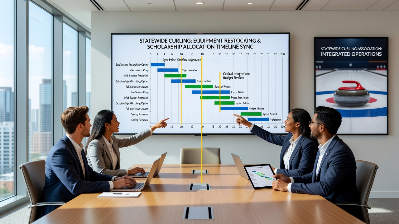 Unified billing interface displaying synchronized timelines for curling equipment orders and scholarship fund releases