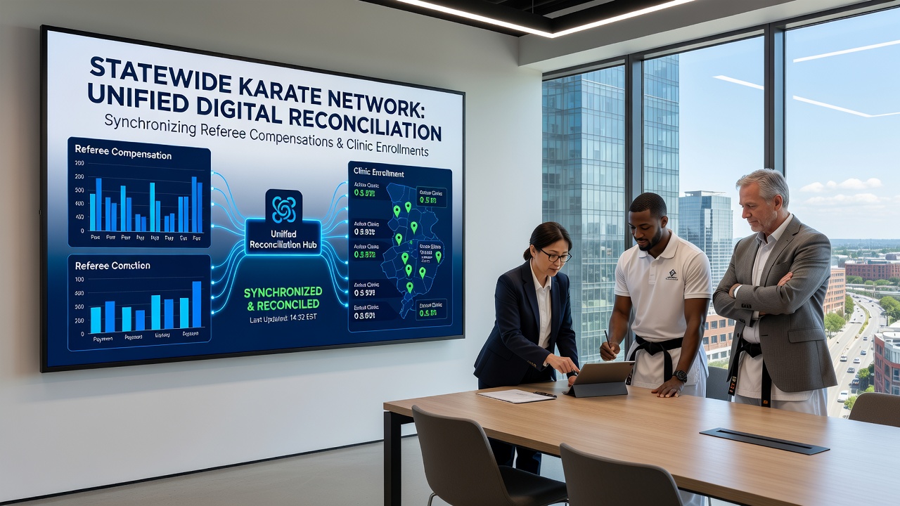 Digital dashboard displaying synchronized referee payments and karate clinic enrollment data across multiple state networks