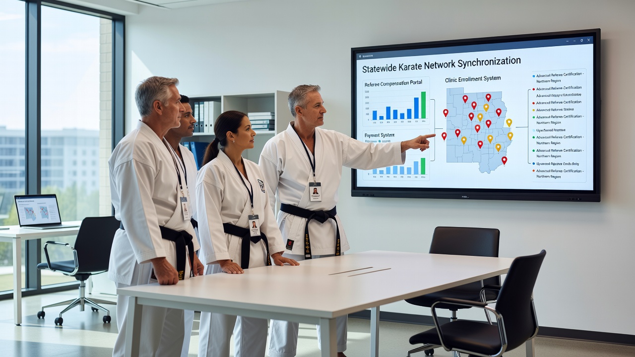 Karate officials reviewing reconciled enrollment and compensation reports on a shared digital interface