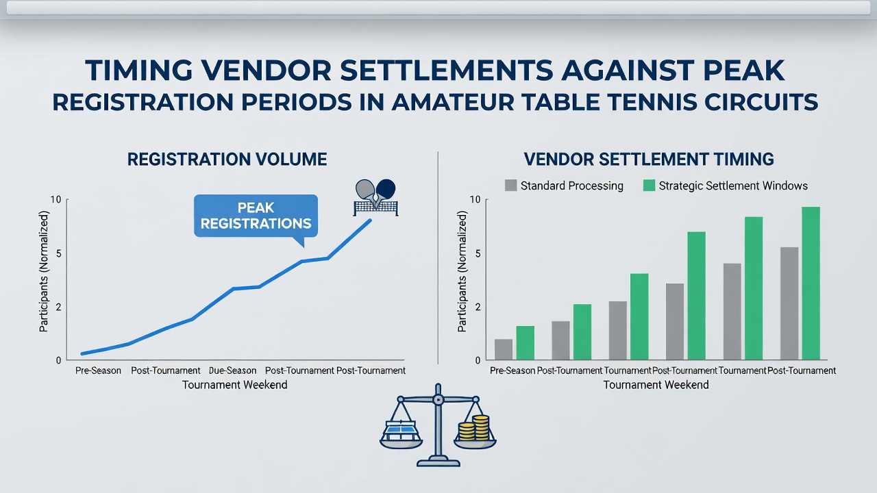 Table tennis players registering for an amateur circuit event while organizers review vendor payment schedules on digital dashboards