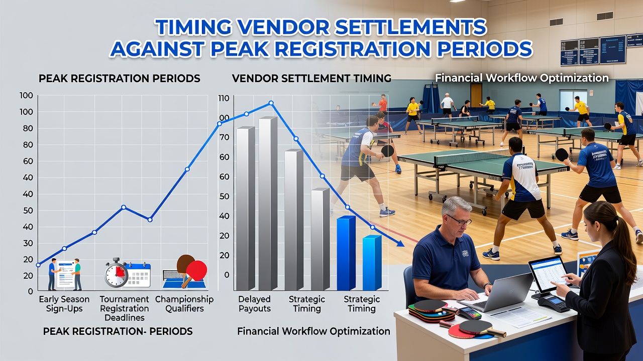 Digital dashboard displaying synchronized registration data and vendor settlement timelines for table tennis organizers