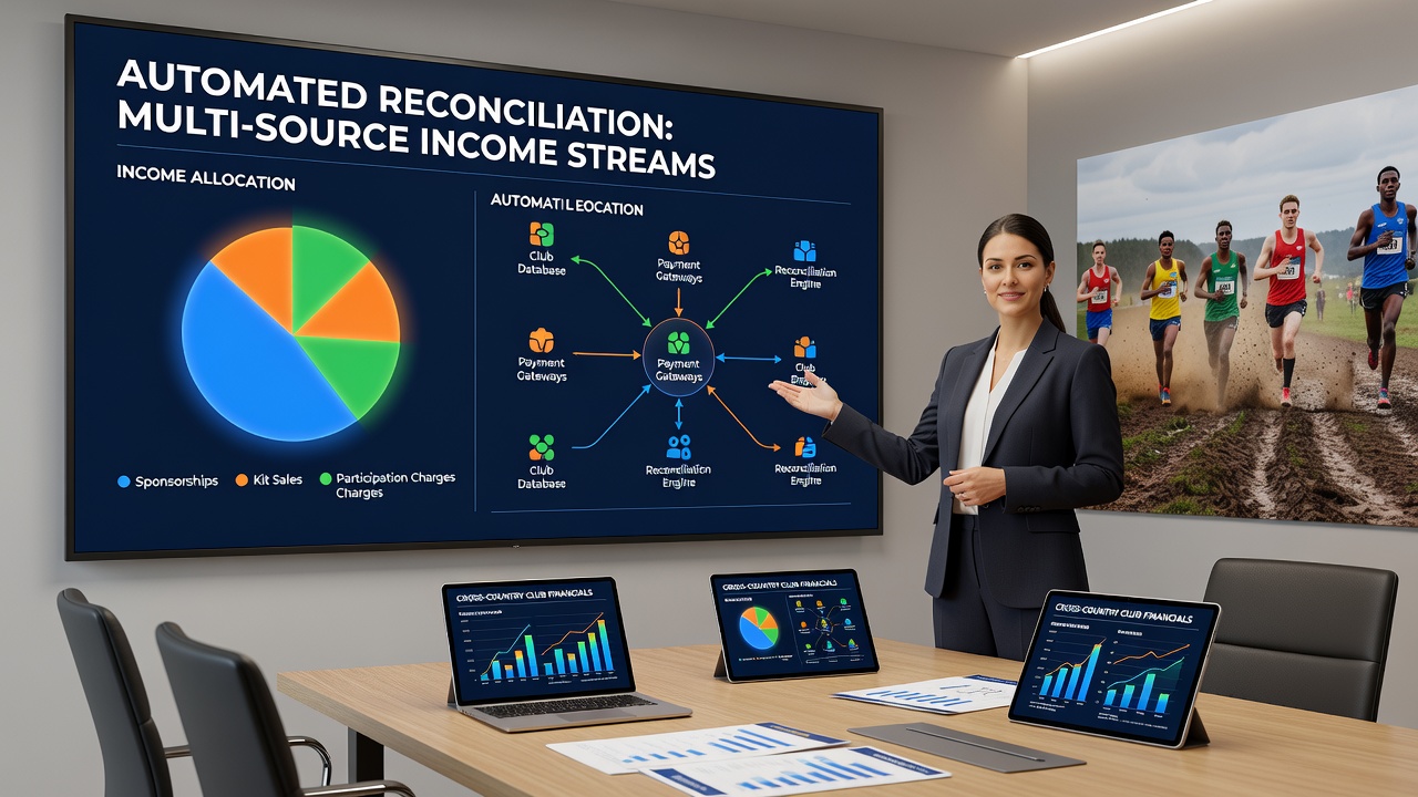 Cross-country running club members reviewing automated financial dashboards for income reconciliation