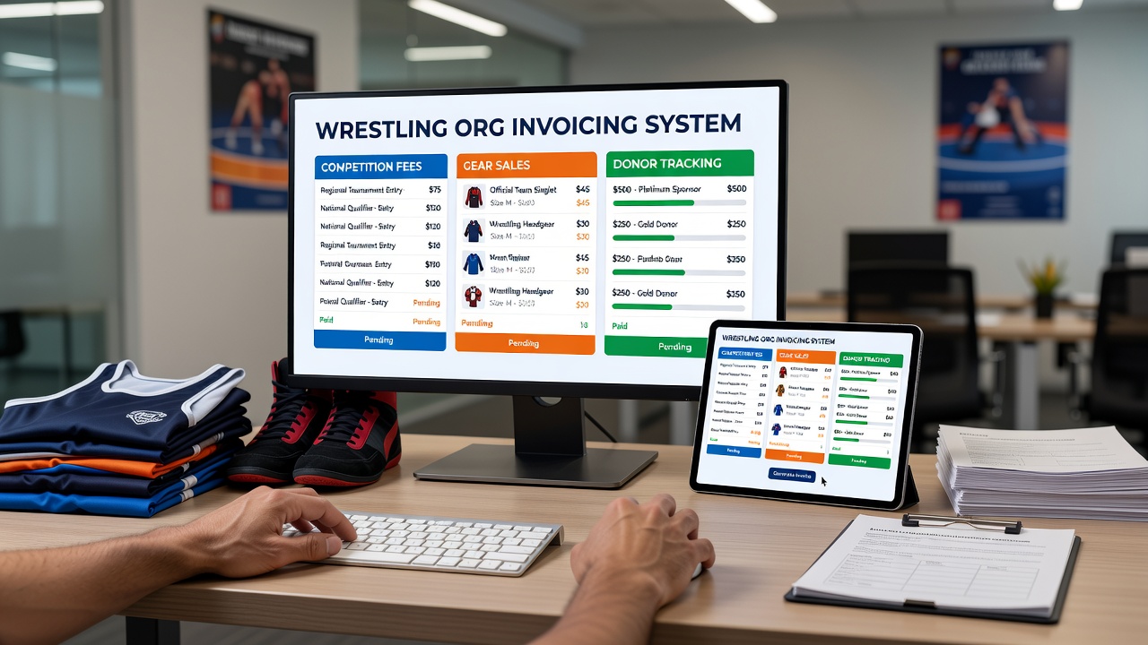 Wrestling tournament registration desk with digital invoicing setup for competition fees and gear sales