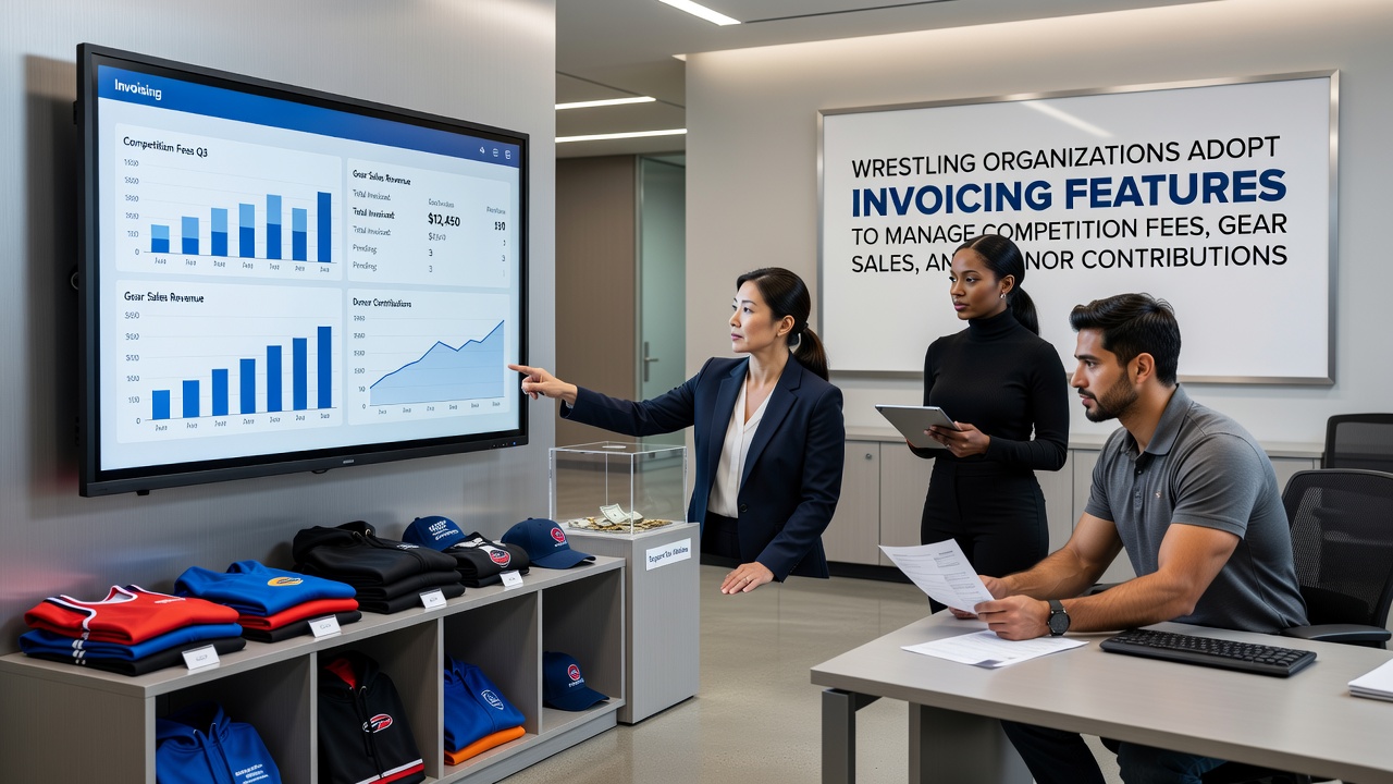 Wrestling gear sales screen showing invoicing integration for singlets and equipment purchases